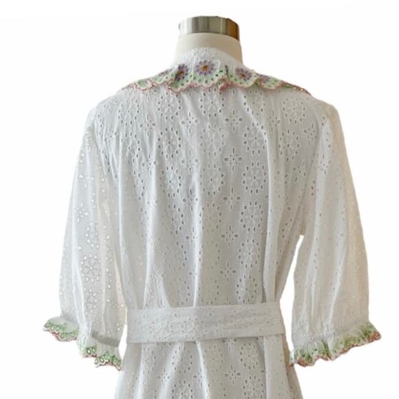 ROLLER RABBIT Luca Caftan Dress White Eyelet Embroidery Scalloped Floral Small - Picture 3 of 11